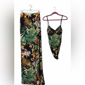 Tropical Print Lace Bodysuit & Slit Maxi Skirt Set | Size L ✨